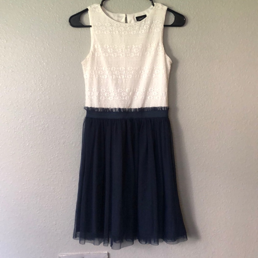 Semi formal navy blue and white lace & tulle dress